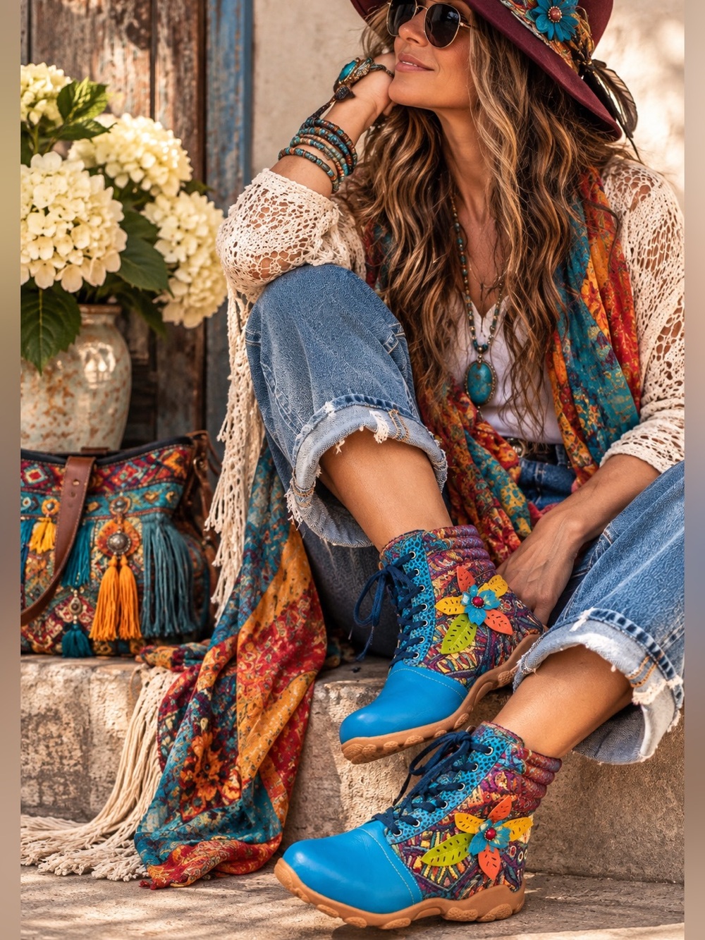 Mecandy Colorful Boho Tapestry Ankle Boots Blue Floral Artsy Zip Lace Up 9-9.5
